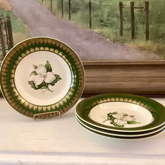 4 soup bowls American Limoges L'Triomphe Trillium Forest Green Dinnerware 22K - Picture 1 of 9